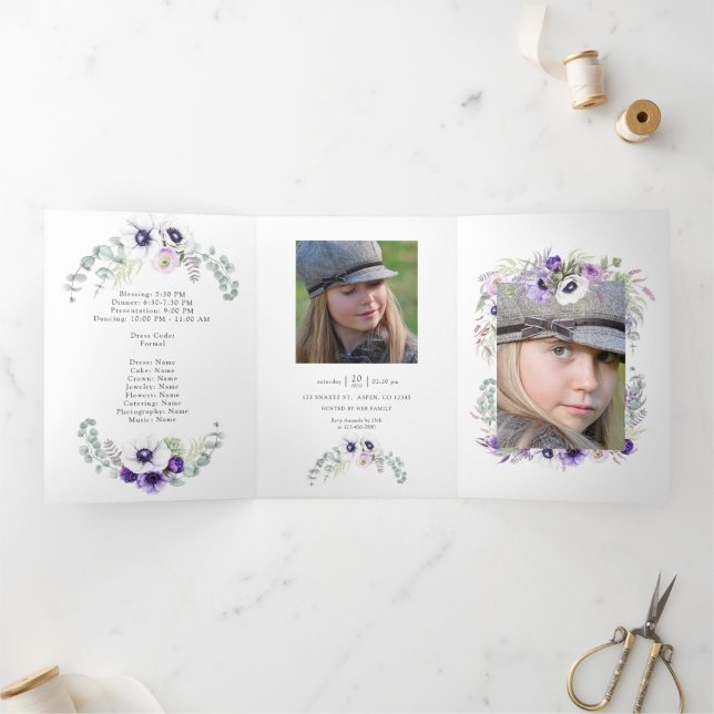 Dusty Violet Watercolor Floral Quinceañera Tri-Fold Invitation (Inside)