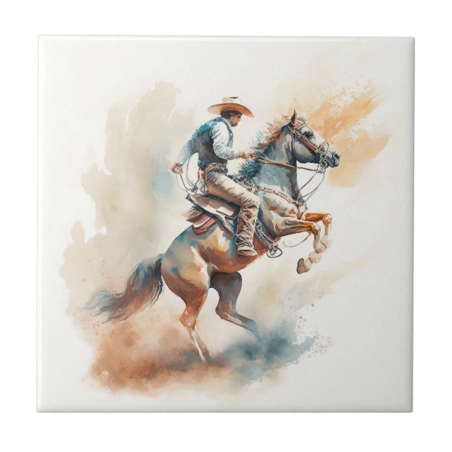 Dusty Western Watercolor “Bucking Bronco”   Tile (Front)