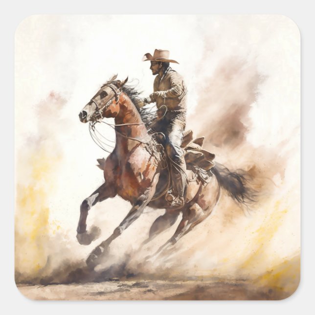 Dusty Western Watercolour Cowboy Riding Mustang Square Sticker (Front)