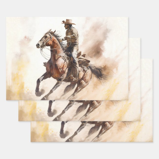 Dusty Western Watercolour Cowboy Riding Mustang Wrapping Paper Sheet (Set)