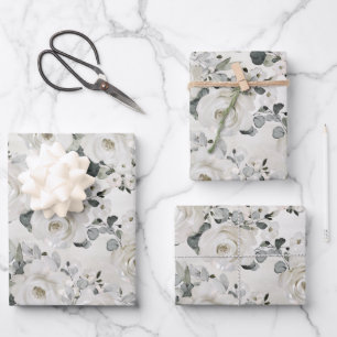 Dusty White Peony & Silver Eucalyptus Greenery Wrapping Paper Sheet