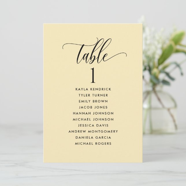 Dusty Yellow Seating Plan Cards with Guest Names (Standing Front)