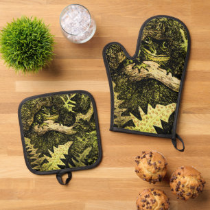 Dutch Art Nouveau Frog in Tree Oven Mitt & Pot Holder Set