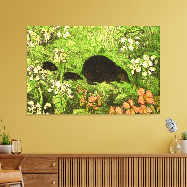Dutch Art Nouveau Hedgehog and Babies Canvas Print (Insitu(LivingRoom))