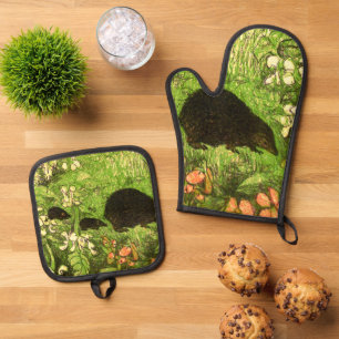 Dutch Art Nouveau Hedgehog and Babies Oven Mitt & Pot Holder Set