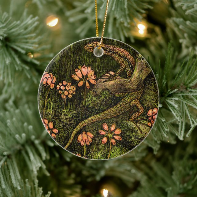 Dutch Art Nouveau Lizard and Wildflowers Ceramic Tree Decoration (Tree)