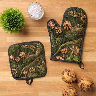 Dutch Art Nouveau Lizard and Wildflowers Oven Mitt & Pot Holder Set