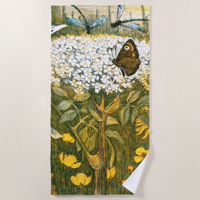Dutch Art Nouveau Meadow Wildflowers, Butterflies Beach Towel (Front)