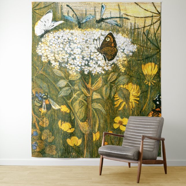 Dutch Art Nouveau Meadow Wildflowers, Butterflies Tapestry (In Situ)