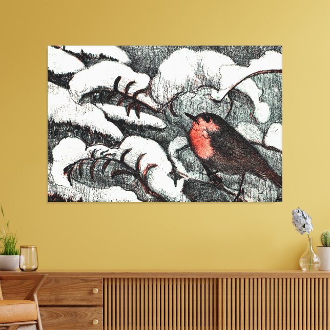 Dutch Art Nouveau Robin Bird in Winter Canvas Print (Insitu(LivingRoom))