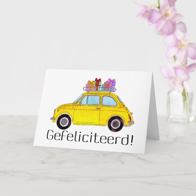 Dutch Birthday Retro Fiat 500 Card (Orchid)