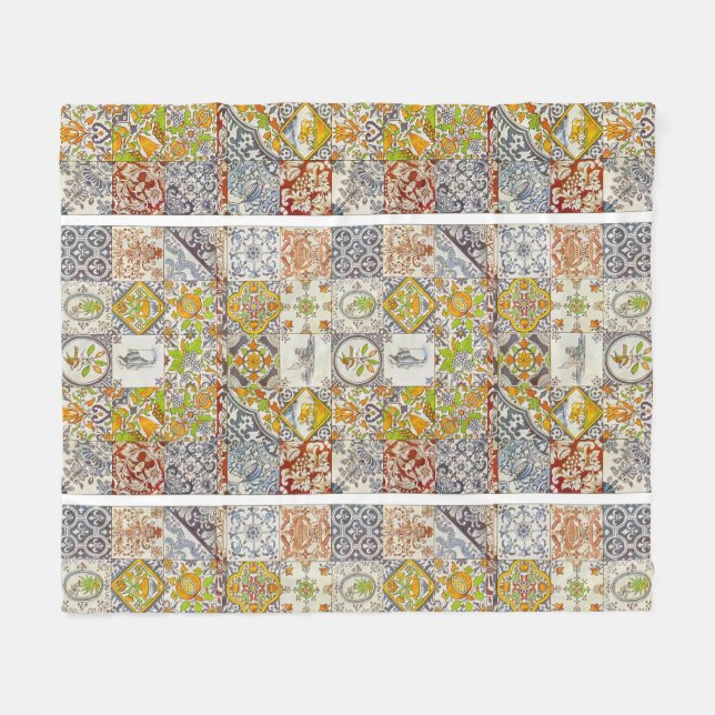 Dutch Ceramic Tiles Fleece Blanket (Front (Horizontal))