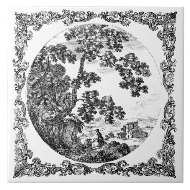 Dutch Country Landscape Vintage Delft Black-White Tile (Front)