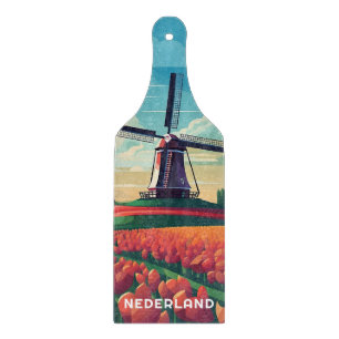 Dutch Country Side Tulip Field Windmill Keepsake Cutting Board