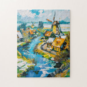 Dutch Countryside with Windmills and Water Channel Jigsaw Puzzle