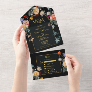 Dutch Floral Dark & Moody Wedding Initials All In One Invitation