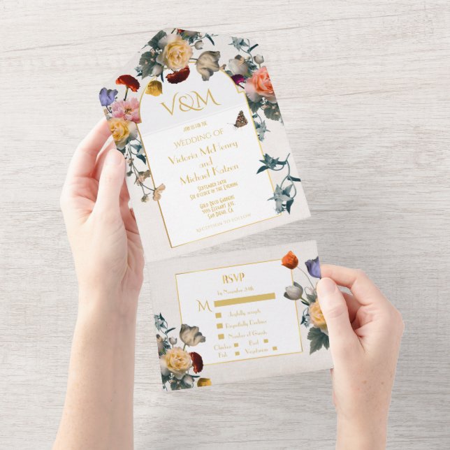 Dutch Floral Light & Airy Wedding Initials All In One Invitation (Tearaway)