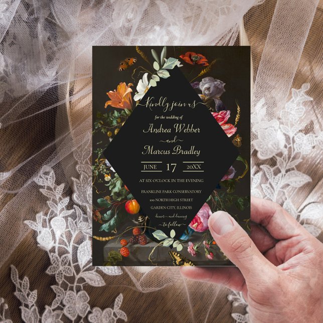 Dutch Floral Still Life Black Diamond Wedding Invitation (Creator Uploaded)