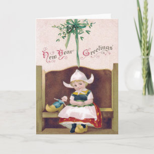 Dutch Girl Doll Mistletoe Clog Pew Holiday Card