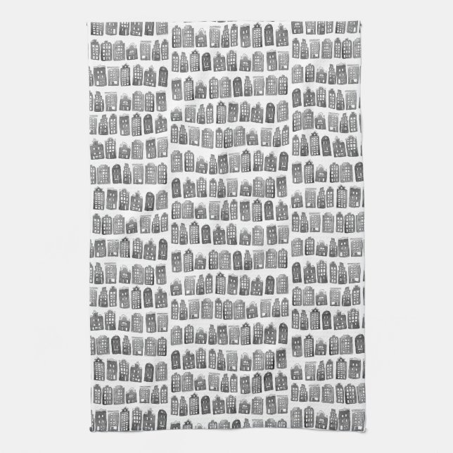 Dutch Houses Winter Amsterdam City Pattern Tea Towel (Vertical)