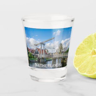 Dutch lifting wooden bridge in Netherlands Shot Glass