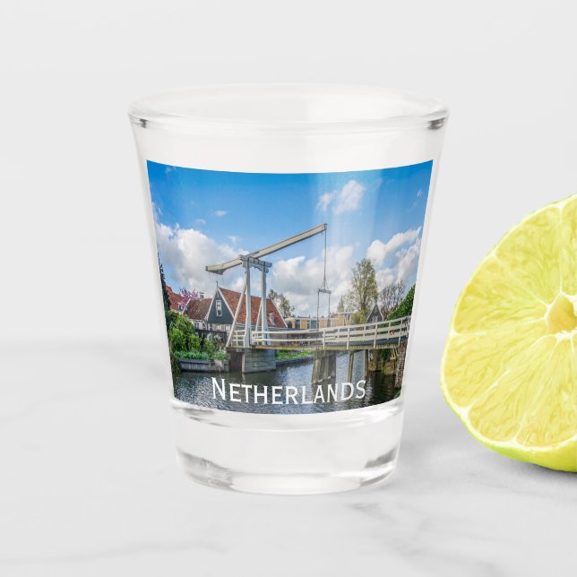 Dutch lifting wooden bridge in Netherlands Shot Glass (Front)