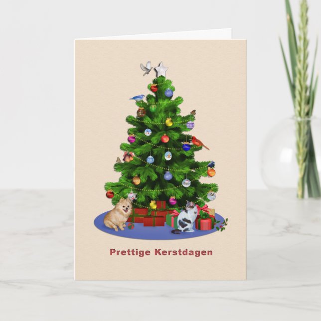 Dutch, Merry Christmas Tree, Birds, Cat, Dog Holiday Card (Front)