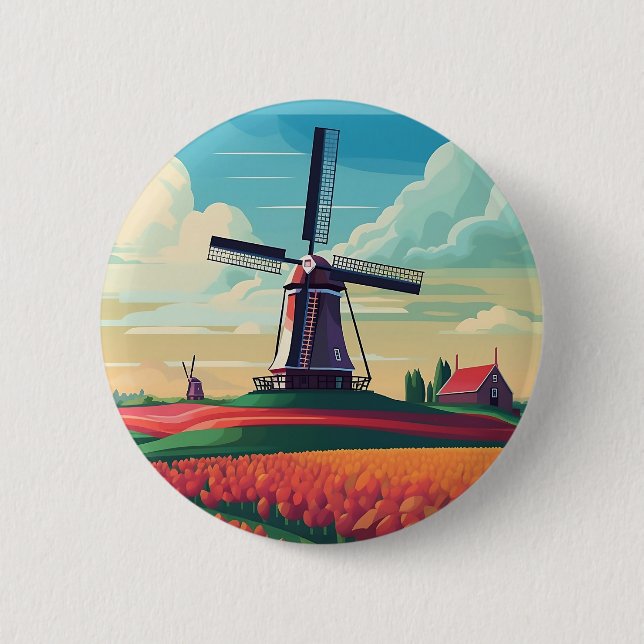 Dutch Orange Tulip Field Windmill Netherlands  6 Cm Round Badge (Front)