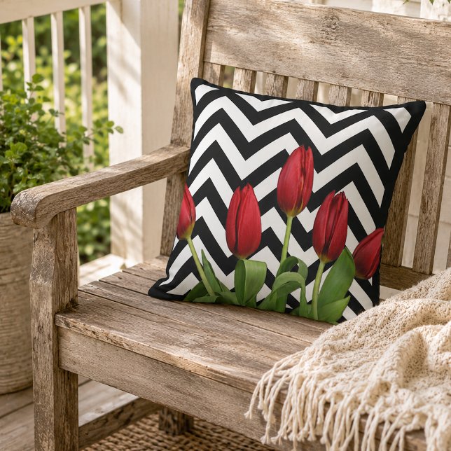 Dutch Red Tulips Modern Black White Zigzag Pattern Cushion (Creator Uploaded)