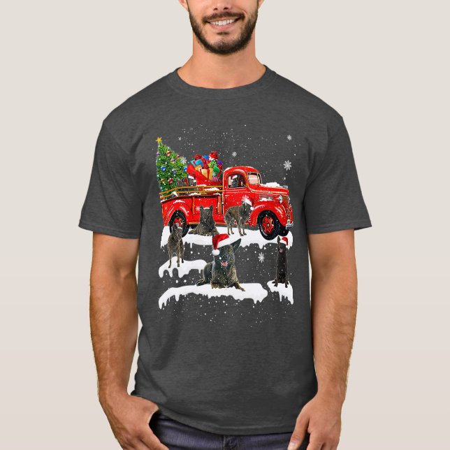 Dutch Shepherd Riding Red Truck Xmas Merry T-Shirt (Front)