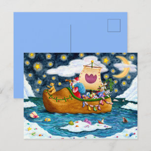 DUTCH SHOE SANTA SHIP, ICEBERGS, WHALE, TEDDY BEAR HOLIDAY POSTCARD