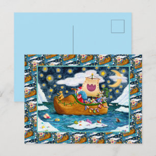 DUTCH SHOE SANTA SHIP, ICEBERGS, WHALE, TEDDY BEAR HOLIDAY POSTCARD