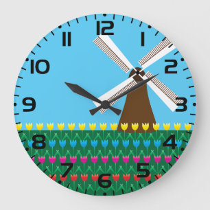 Dutch Windmill and Colorful Tulip Field Large Clock