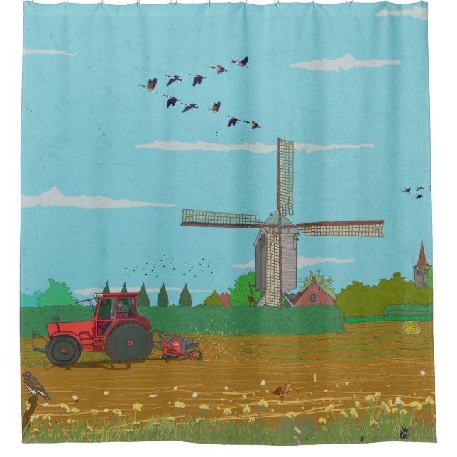 Dutch Windmill Countryside Landscape Netherland Shower Curtain (Front)