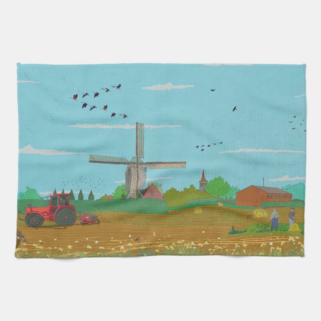Dutch Windmill Countryside Landscape Netherland Tea Towel (Horizontal)