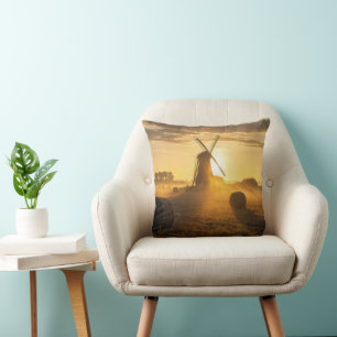 Dutch Windmill in a Morning Hay Field Cushion