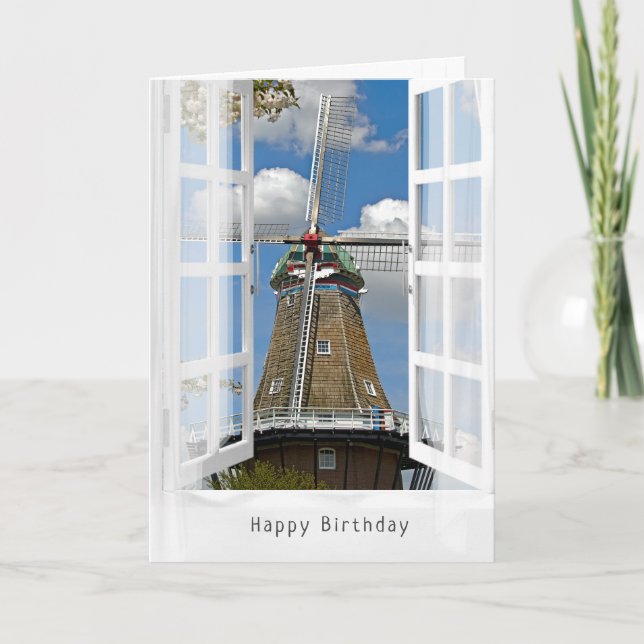 Dutch windmill in window for Birthday Card (Front)