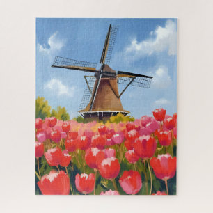 Dutch Windmill Tulip Field Landscape Watercolor Jigsaw Puzzle