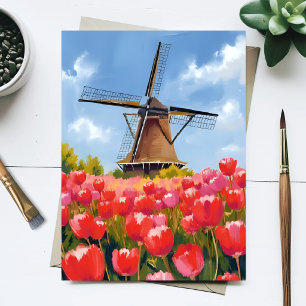 Dutch Windmill Tulip Field Landscape Watercolor Postcard