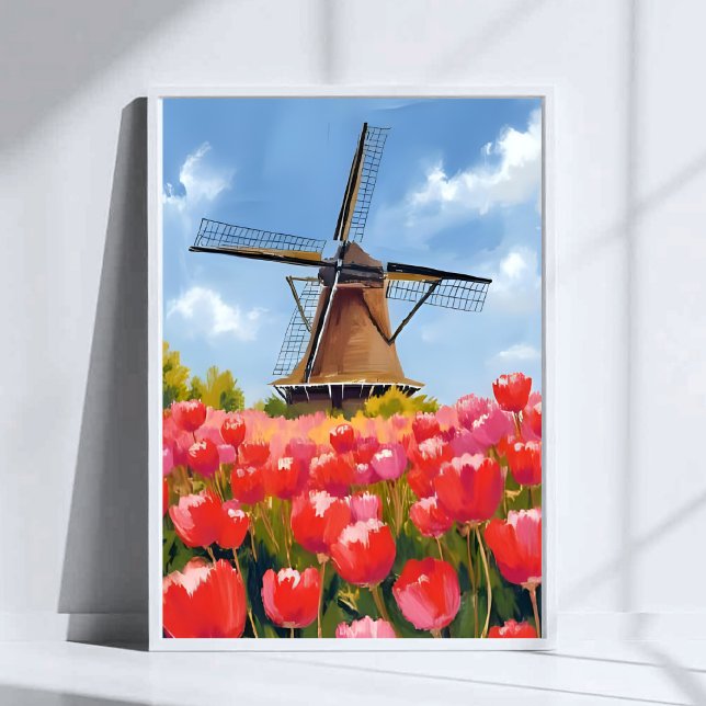 Dutch Windmill Tulip Field Landscape Watercolor Poster (Creator Uploaded)