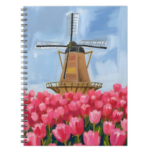 Dutch Windmill   Tulip Flower Field Watercolor Notebook