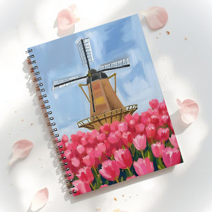 Dutch Windmill Tulip Flower Field Watercolor Notebook
