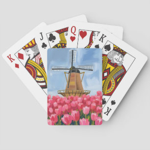 Dutch Windmill Tulip Flower Field Watercolor Playing Cards