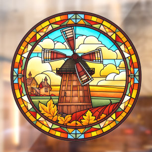 Dutch Windmill With Village Faux Stained Glass