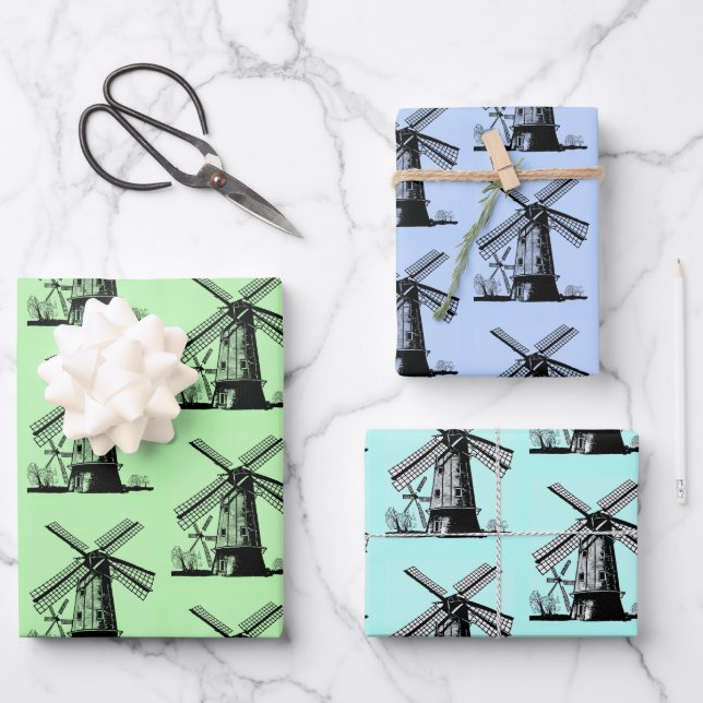 Dutch Windmills Design Wrapping Paper Sheet (Front)
