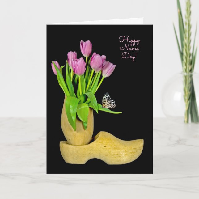 Dutch wooden shoes and tulips Name Day Card (Front)