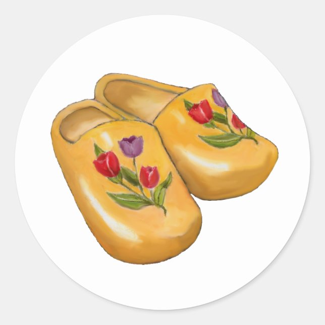 Dutch Wooden Shoes with Tulips, Klompen, Holland Classic Round Sticker (Front)