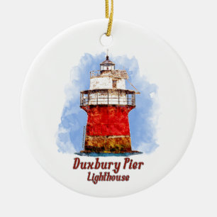 Duxbury Pier Lighthouse Watercolor - Massachusetts Ceramic Tree Decoration