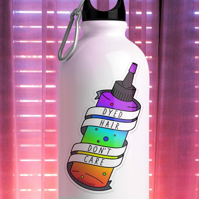 Dyed Hair Rainbow Bottle Funny Cartoon (Sticker featuring a hair dye bottle with rainbow liquid, and banner says 'Dyed Hair Don't Care')