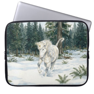 Dyfra Icelandic Unicorn Frolicking in Snowy Forest Laptop Sleeve
